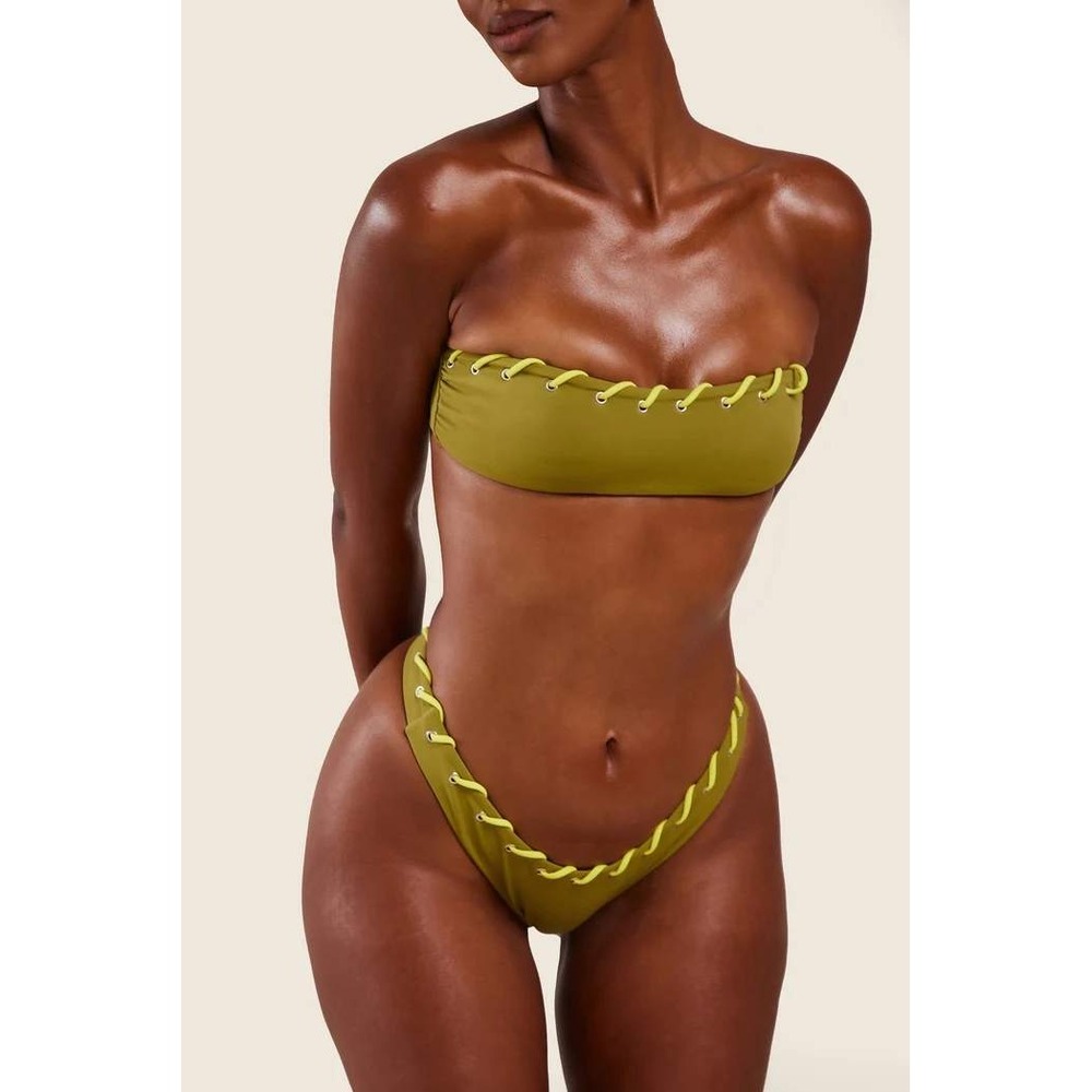 Mars The Label Olive Green Neon Yellow Lace Up Bandeau Bikini Top UK 4 NEW